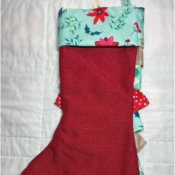 The Pioneer Woman Teal Retro Holiday Floral Ruffle Christmas Stocking - Picture 2 of 4